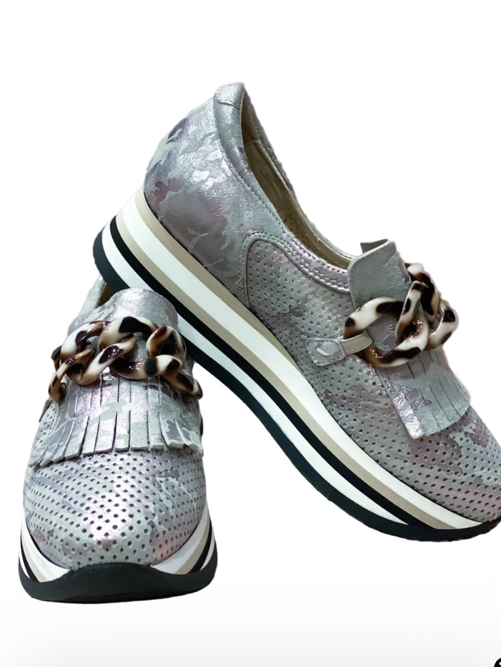 Softwaves Cadie Platform Sneakers Silver Camo Comfort Slip-On Chain EU 38.5